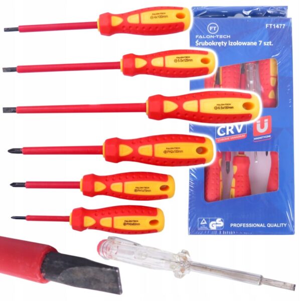 ŚRUBOKRĘTY WKRĘTAKI IZOLOWANE ZESTAW 6 śrubokrętów + Próbnik napięcia