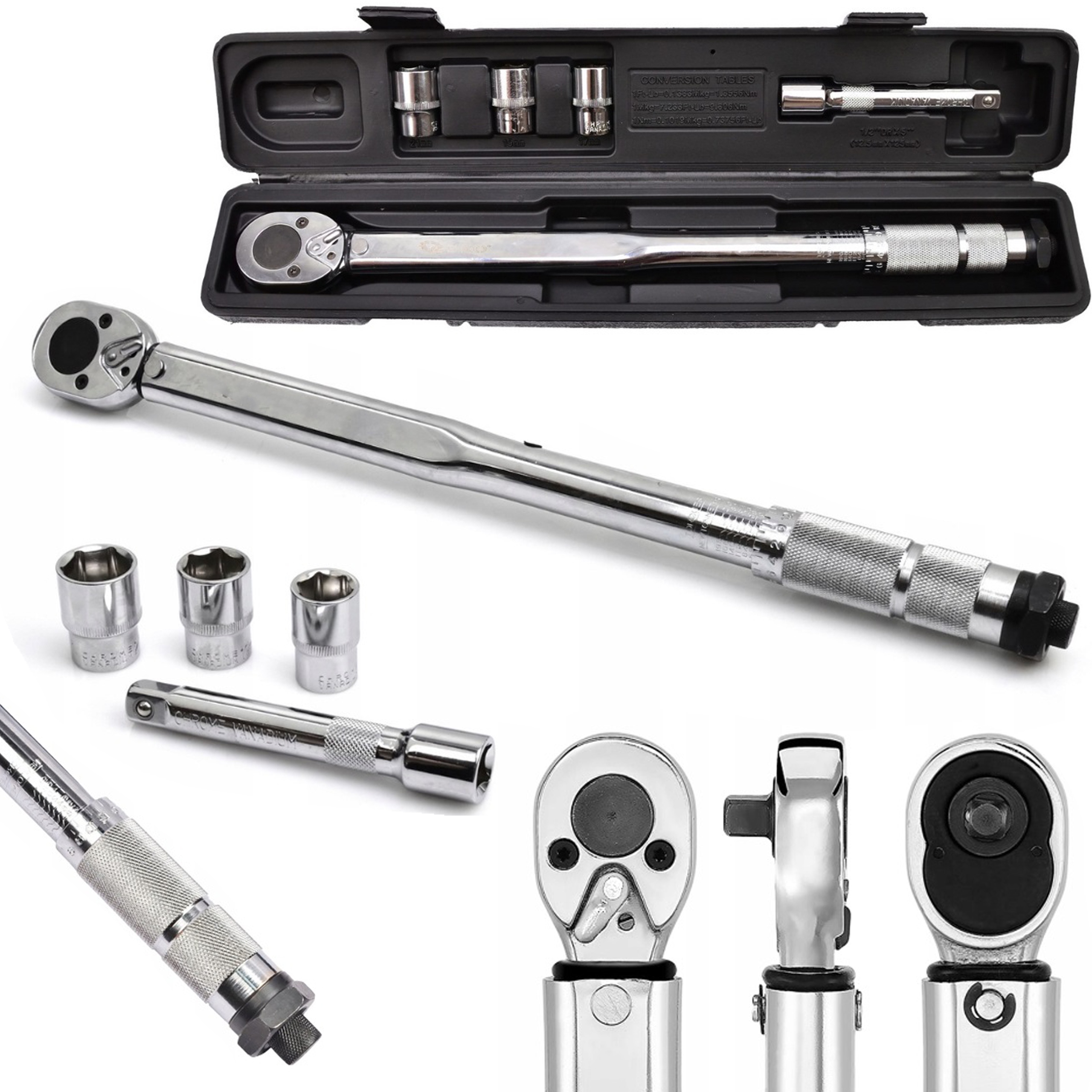 KLUCZ DYNAMOMETRYCZNY 1/2" 28-210NM + NASADKI 17 19 21mm + przedłużka 125mm