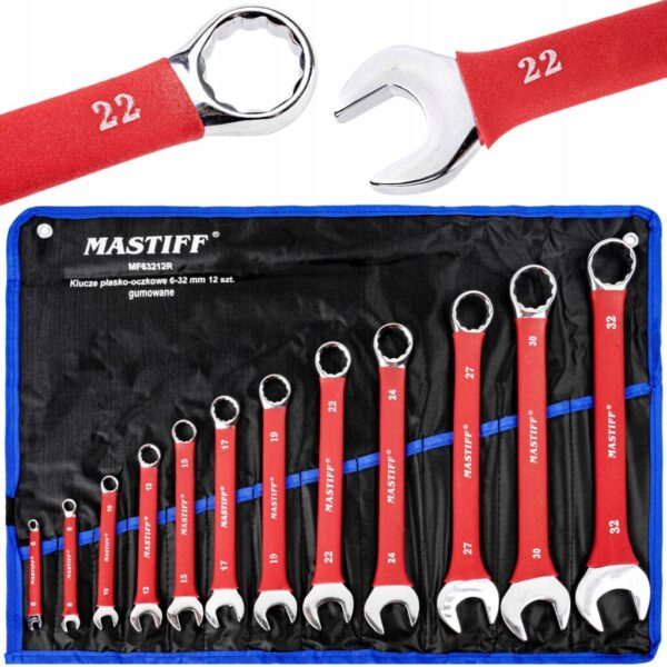 KLUCZE PŁASKO OCZKOWE Cr-V POLEROWANE Z GUMOWYM UCHWYTEM 6-32MM 12EL.