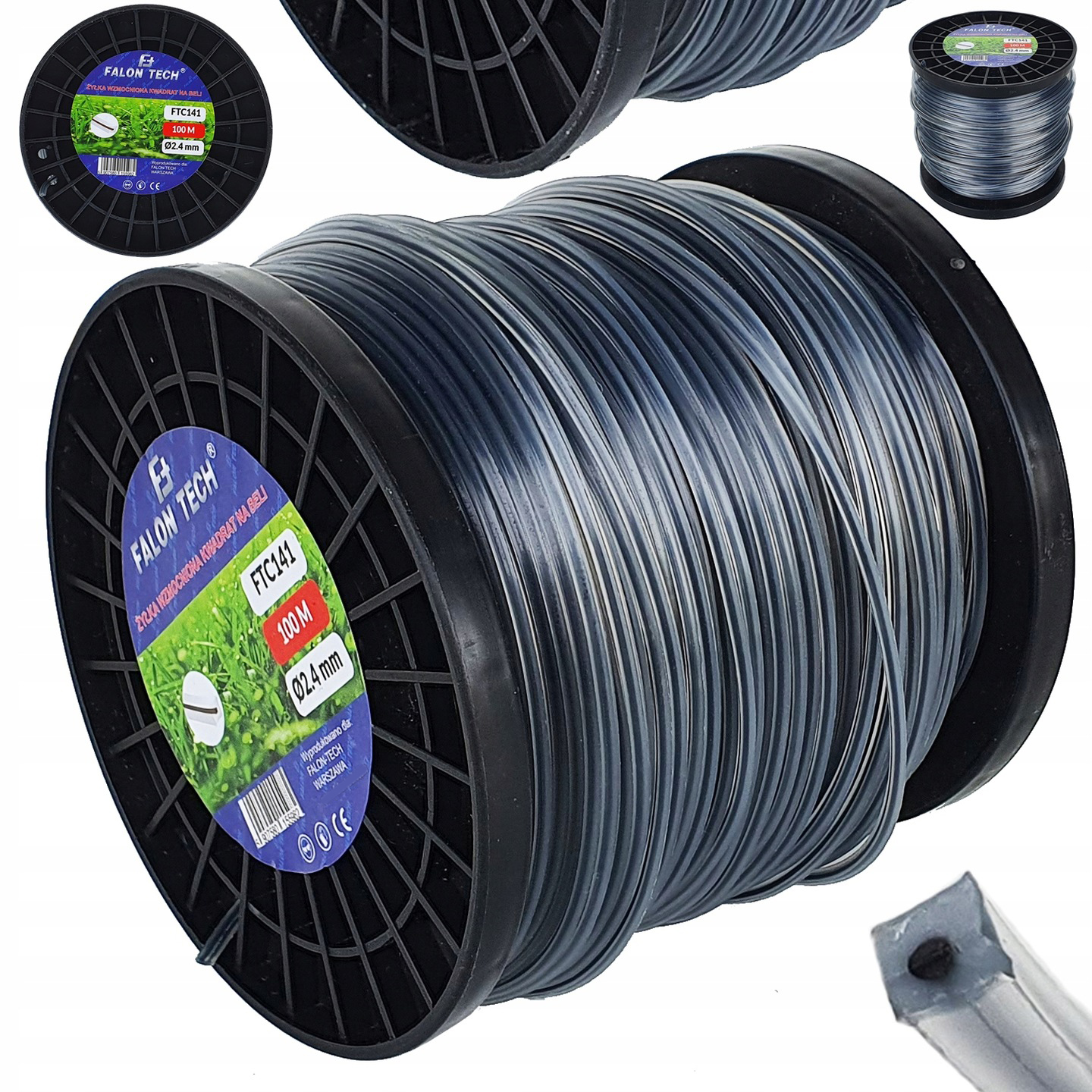 ŻYŁKA TNĄCA WZMACNIANA ZBROJONA KWADRAT DO KOSY PODKASZRKI OSTRA 2,4mm 100m