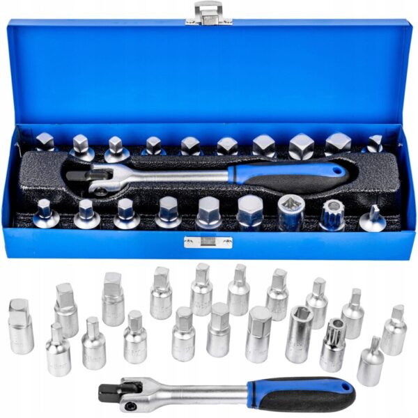 KLUCZE NASADKI DO KORKÓW SPUSTOWYCH OLEJU 20 EL. + POKRĘTŁO PRZEGUBOWE 3/8"