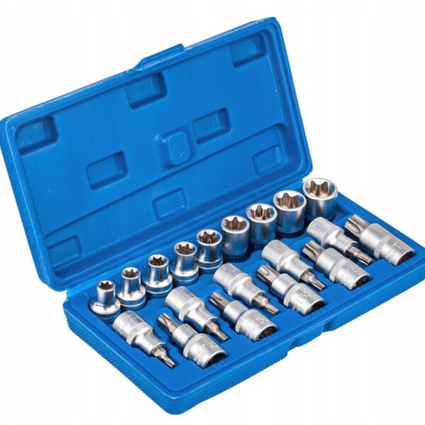 KLUCZE NASADOWE NASADKI TORX BITY E-TORX 1/2" ZESTAW 19 Elementów Cr-V