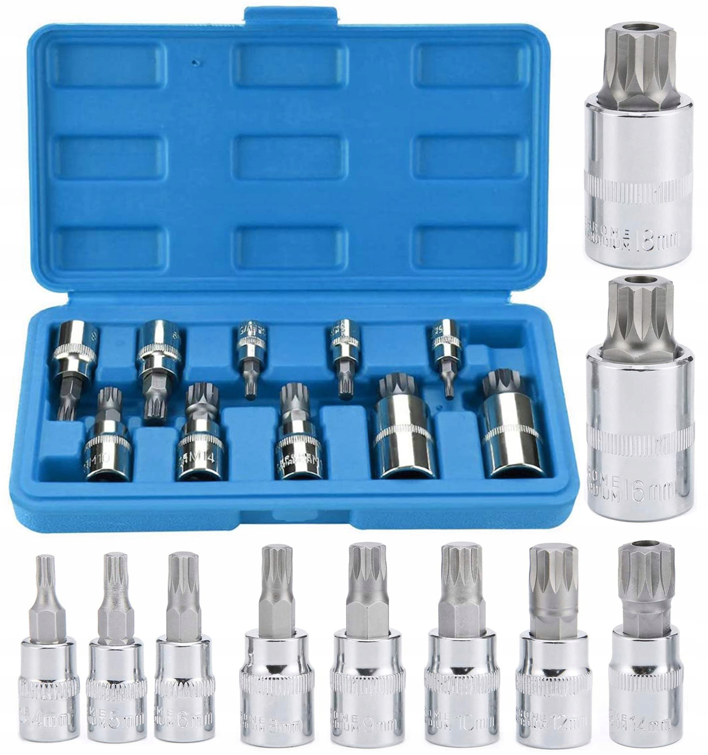 NASADKI SPLINE 1/4" 3/8" 1/2" M4-M18 NASADKA WPUSTOWA Zestaw 10szt.