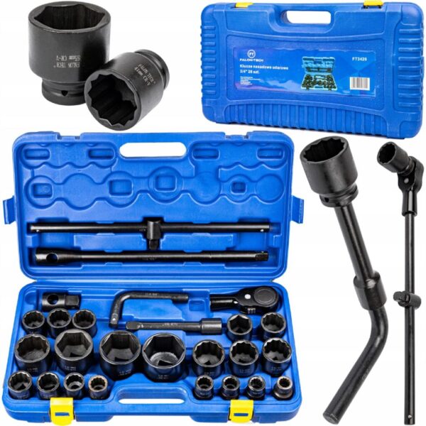 KLUCZE NASADOWE NASADKI UDAROWE Cr-V MOCNE DO KÓŁ ZESTAW 26el. 3/4" + 1"