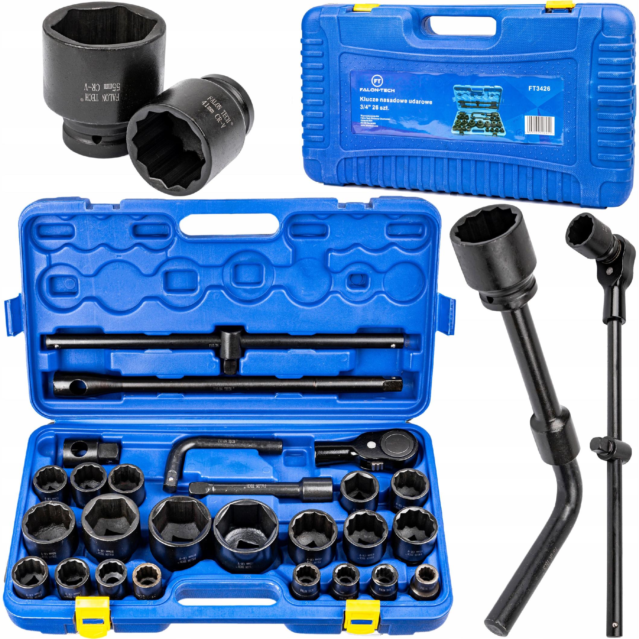KLUCZE NASADOWE NASADKI UDAROWE Cr-V MOCNE DO KÓŁ ZESTAW 26el. 3/4" + 1"