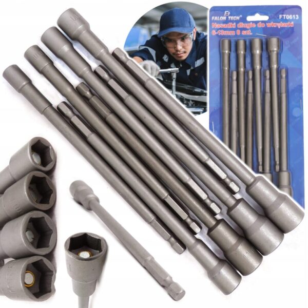 KLUCZE NASADKI MAGNETYCZNE DO WKRĘTARKI DŁUGIE 150mm 8szt 6-13 mm