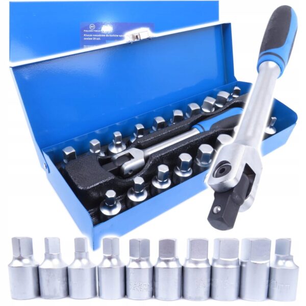 KLUCZE NASADKI DO KORKÓW SPUSTOWYCH OLEJU 20 EL. + POKRĘTŁO PRZEGUBOWE 3/8"