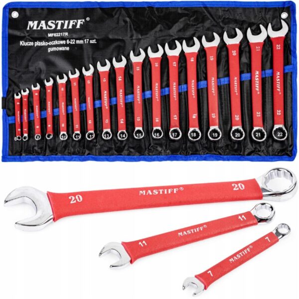 KLUCZE PŁASKO OCZKOWE Cr-V POLEROWANE Z GUMOWYM UCHWYTEM 6-22MM 17EL.