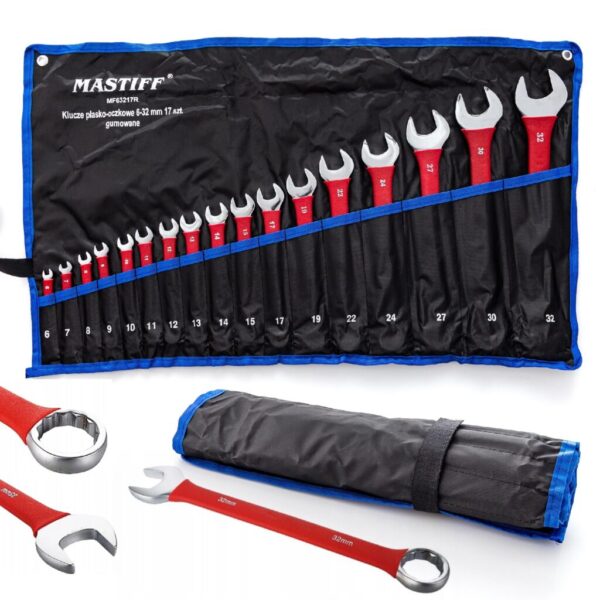 KLUCZE PŁASKO OCZKOWE Cr-V POLEROWANE Z GUMOWYM UCHWYTEM 6-32MM 17EL.