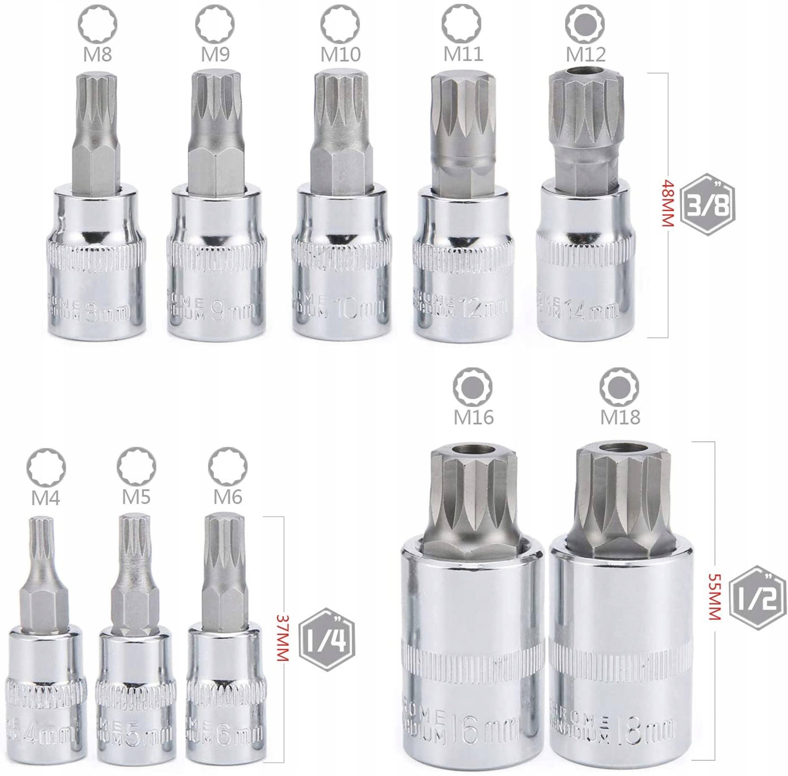 NASADKI SPLINE 1/4" 3/8" 1/2" M4-M18 NASADKA WPUSTOWA Zestaw 10szt. - obrazek 3