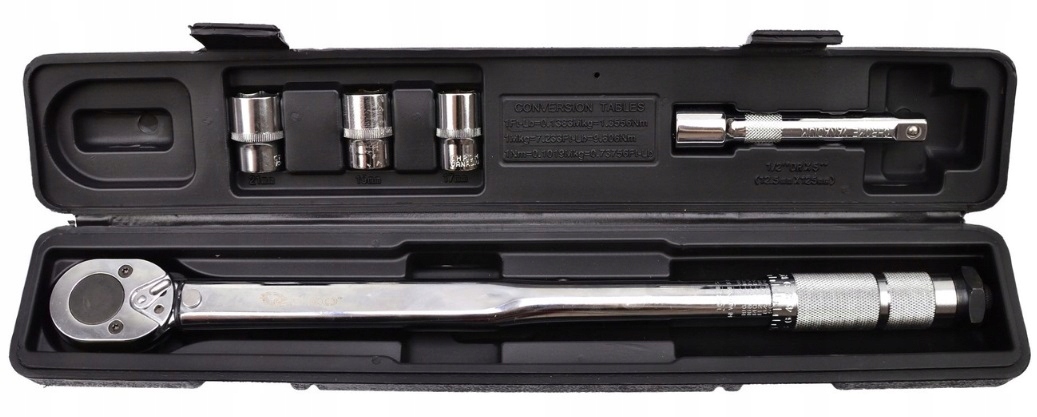 KLUCZ DYNAMOMETRYCZNY 1/2" 28-210NM + NASADKI 17 19 21mm + przedłużka 125mm - obrazek 2
