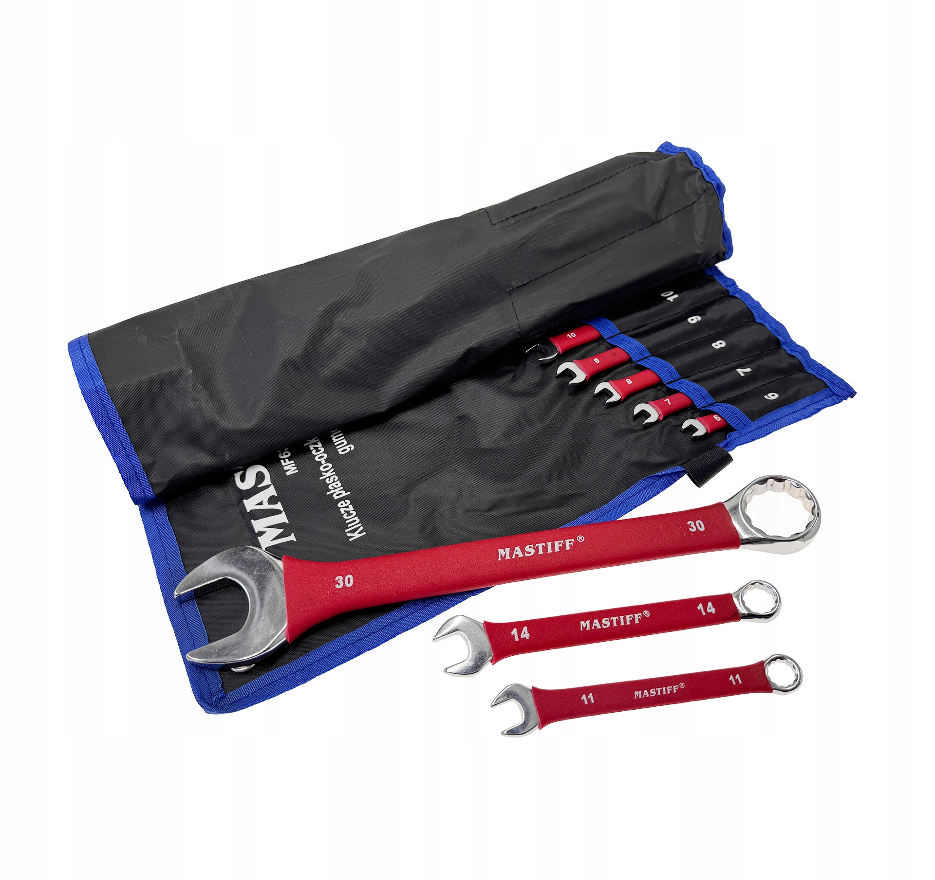 KLUCZE PŁASKO OCZKOWE Cr-V POLEROWANE Z GUMOWYM UCHWYTEM 6-32MM 17EL. - obrazek 3