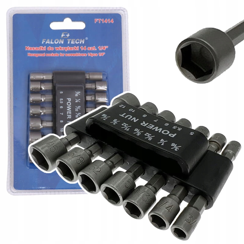 KLUCZE NASADKI BITY DO WKRĘTARKI 1/4" ZESTAW 14 elementów FALON-TECH
