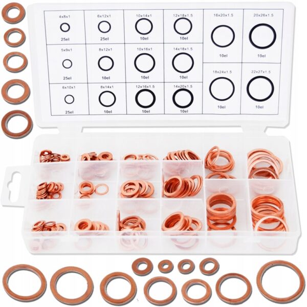 PODKŁADKI USZCZELKI MIEDZIANE 4-22 ZESTAW 220 SZTUK + SORTOWNIK